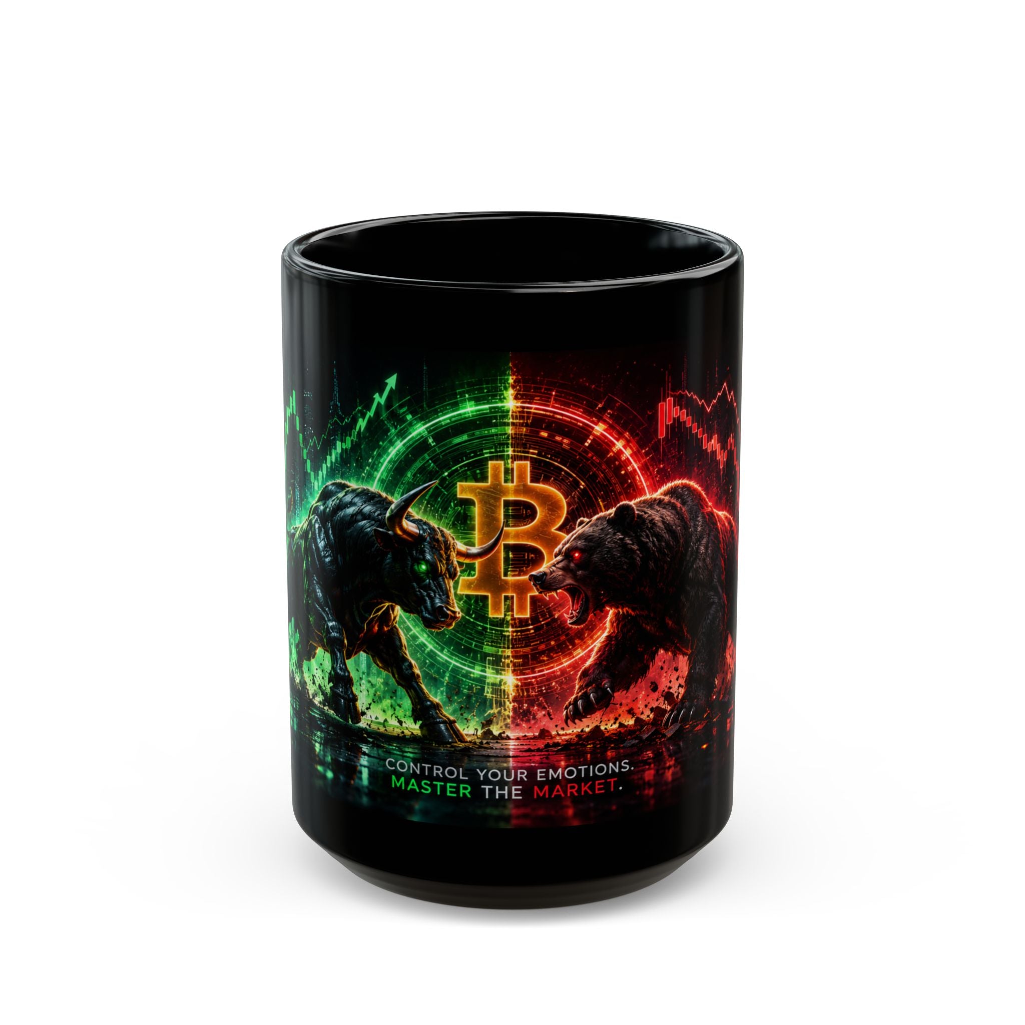 Bull vs Bear Bitcoin mug side view for crypto traders and stock market gift ideas