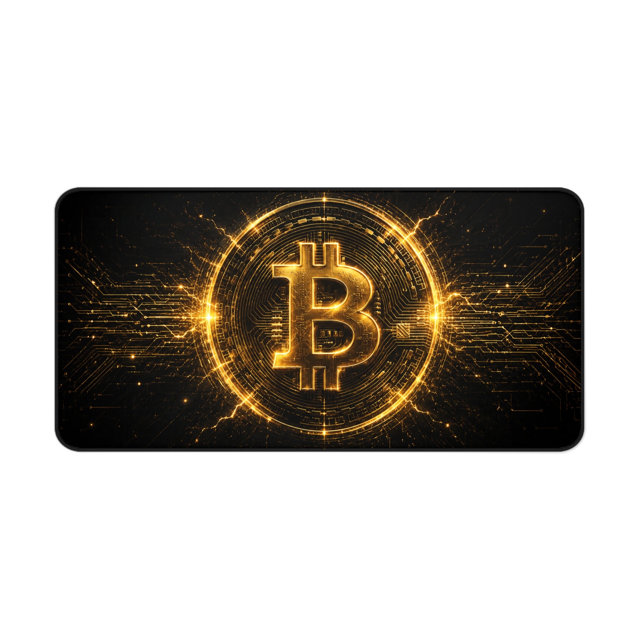 Bitcoin desk mat closeup for crypto trading workspace and cyberpunk gaming setup