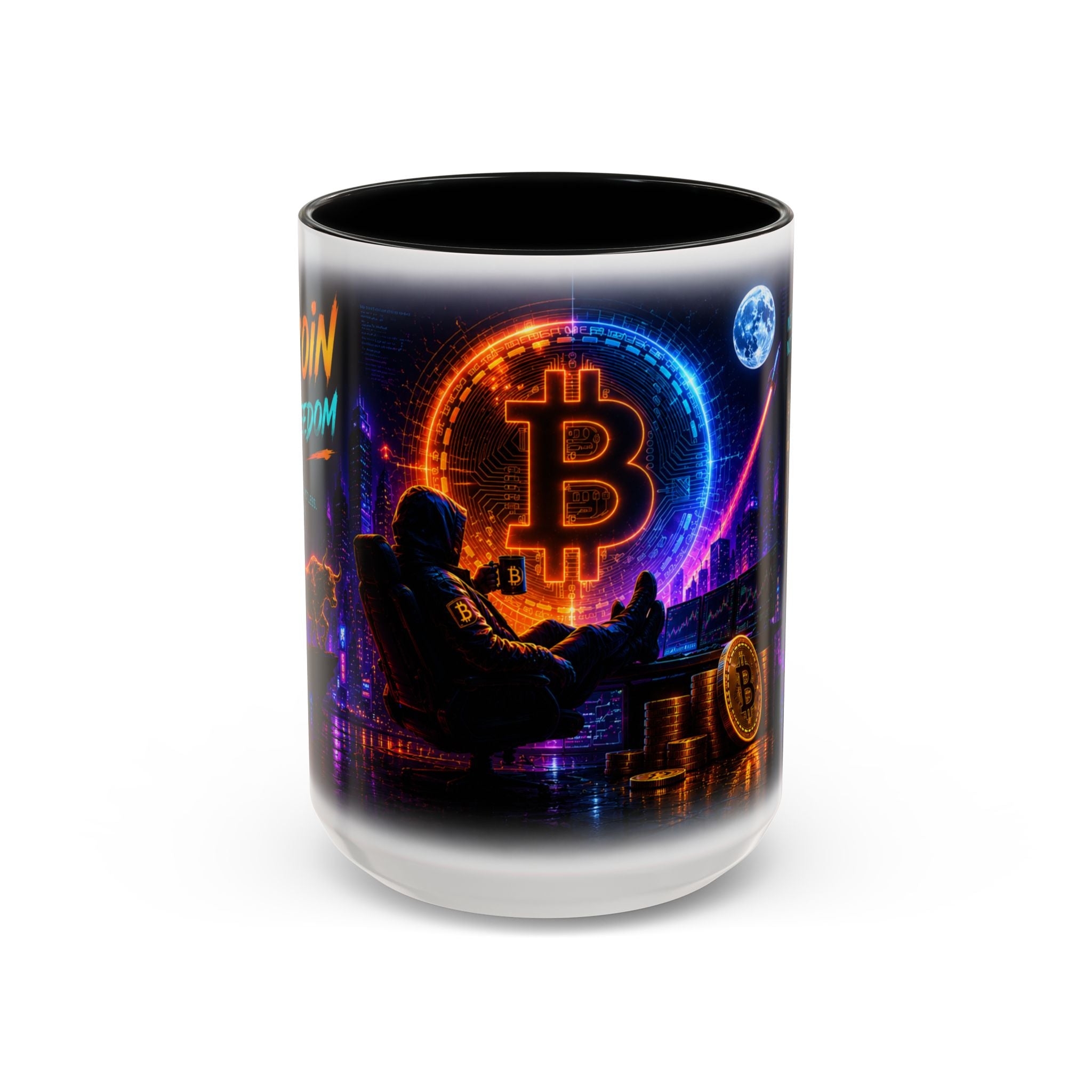 Neon cyberpunk Bitcoin mug for crypto office decor and trader coffee setup