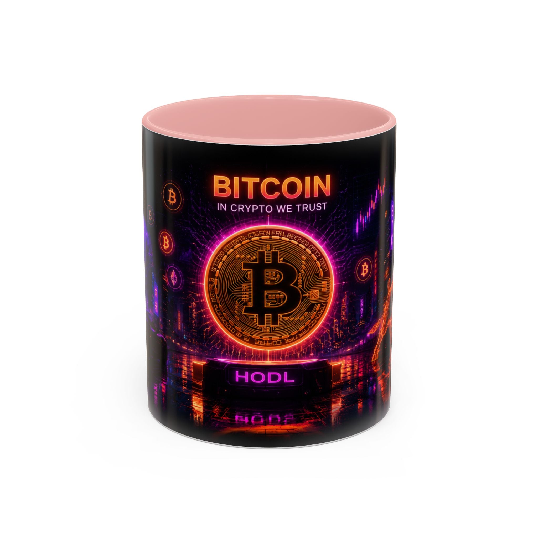 Cyberpunk Bitcoin coffee cup mockup for futuristic trading desk decor and crypto fans