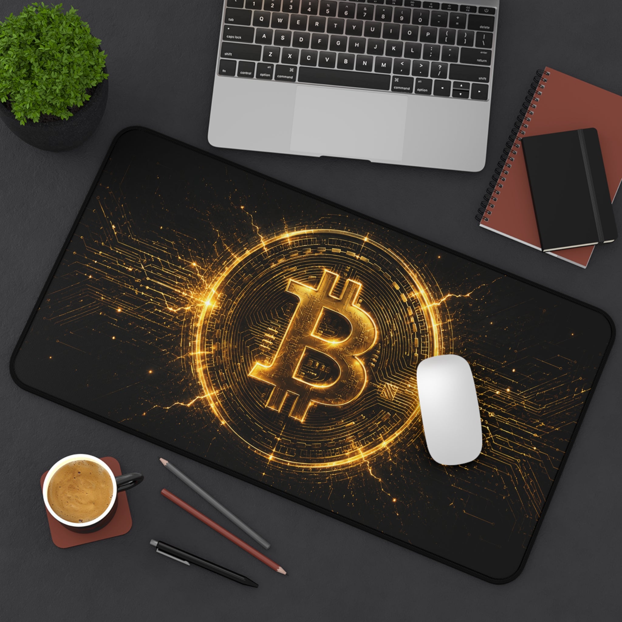 Bitcoin trading desk mat product mockup for crypto workspace decor
