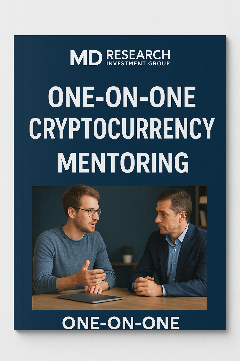 Advertisement for MD Research Investment Group's one-on-one cryptocurrency mentoring service with two men discussing at a table.